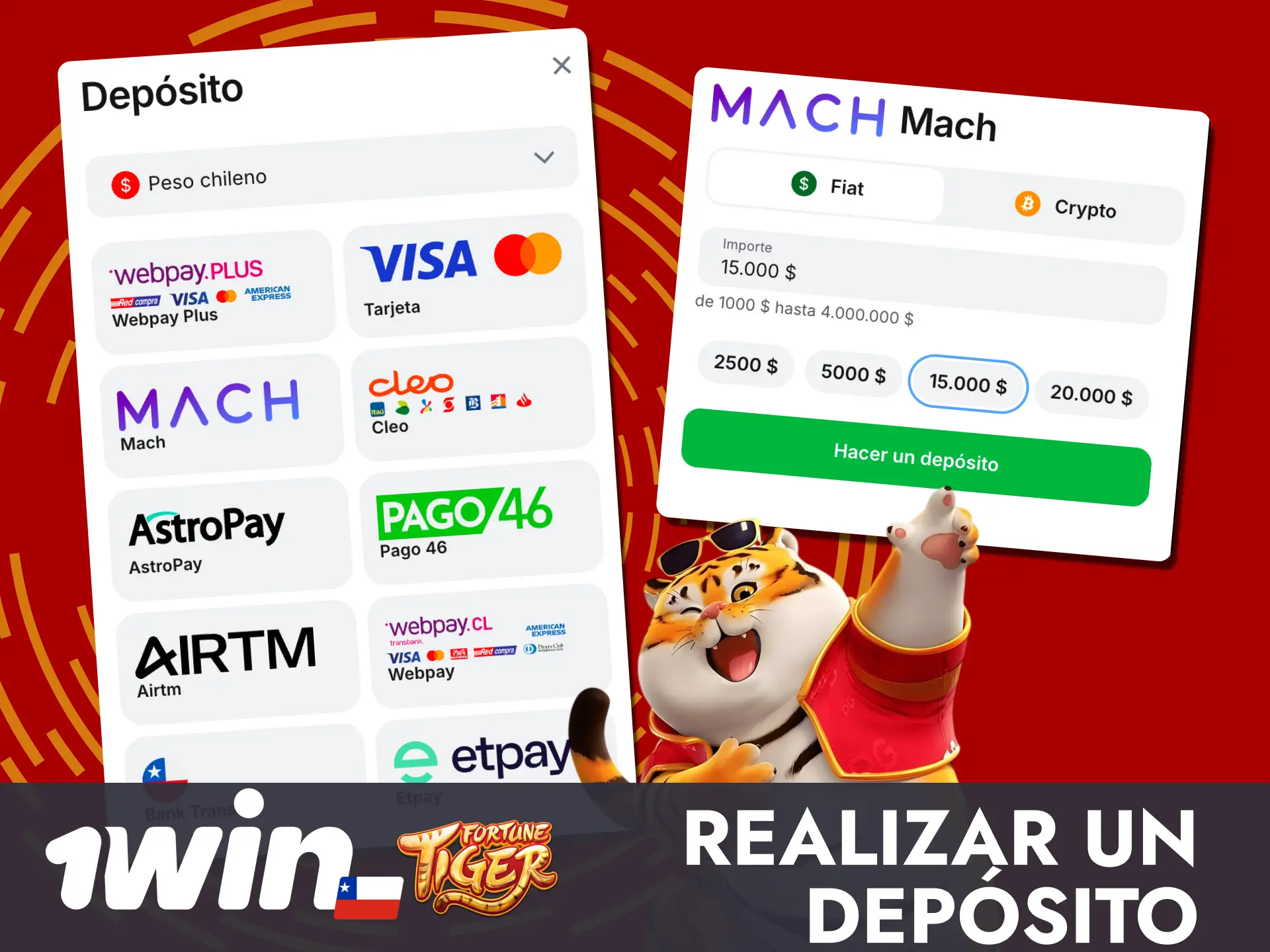 Elige tu metodo de pago en 1win Chile, deposita y prueba Fortune Tiger.