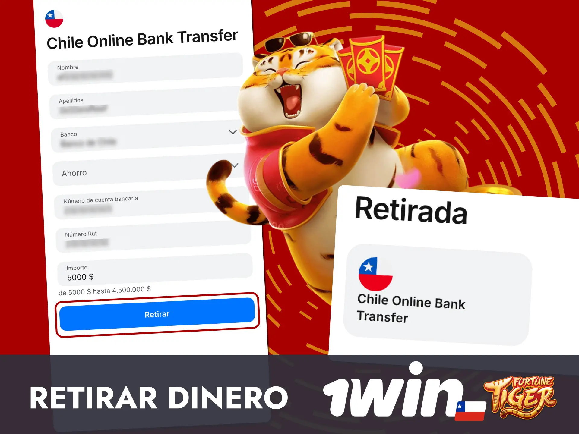 Entra a tu perfil de 1win, selecciona Retirar y cobra lo que ganaste en Fortune Tiger.